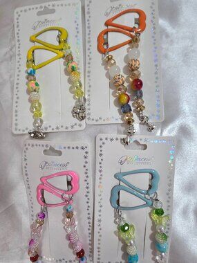 Colorful Enamel Heart Hair Clips w/ Crystal Beads & Silver Tone Charms